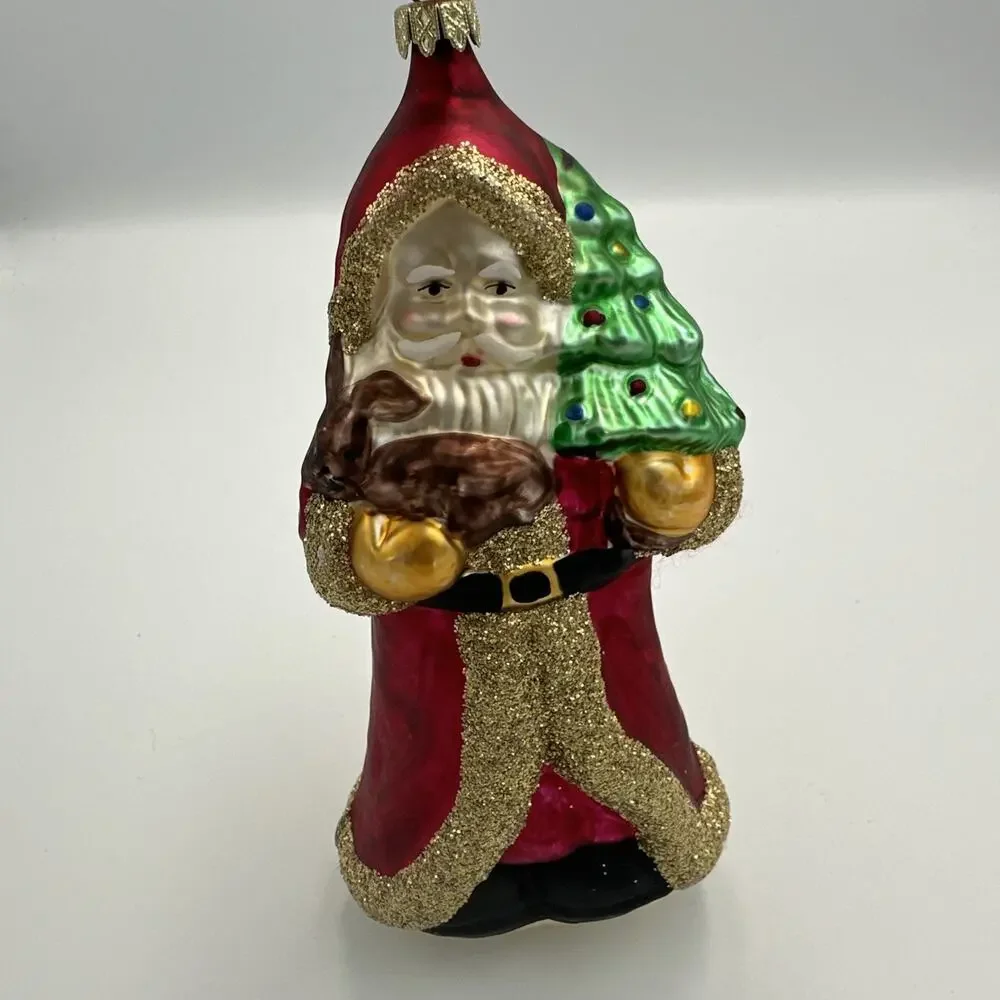 VTG German Blown Glass Santa Ornament Christmas Red Gold Glitter‎ Lauscha Style